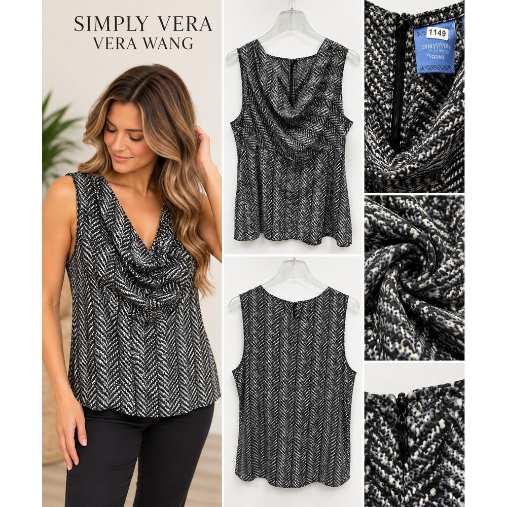 Simply Vera Vera Wang Women XL Black White Cowl Neck Sleeveless Blouse Top Zip